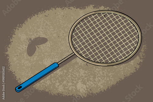 A blue fly swatter rests on a textured surface with a fly shadow