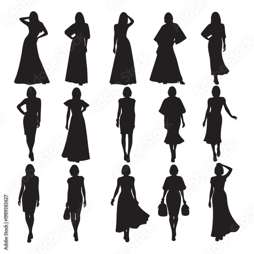 Collection of black silhouettes of women in various dresses