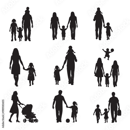 Silhouette illustrations of parents and children in various poses