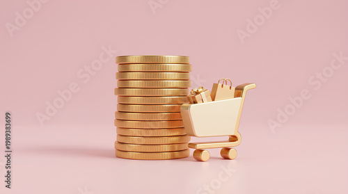 Golden coins stacked beside a shopping cart filled with grocery items on a pink background, symbolizing wealth and consumerism.