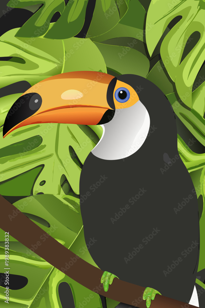Fototapeta premium A colorful toucan perches on a branch amidst lush green foliage