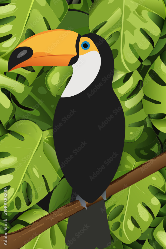 Fototapeta premium A colorful toucan perches on a branch amidst lush green monstera leaves