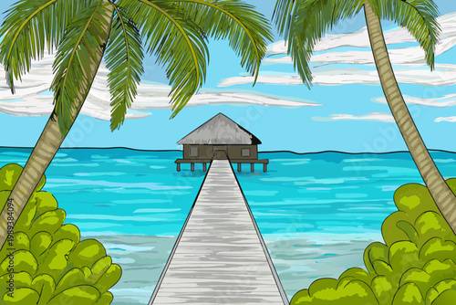 A vibrant illustration of a thatched roof bungalow over turquoise waters