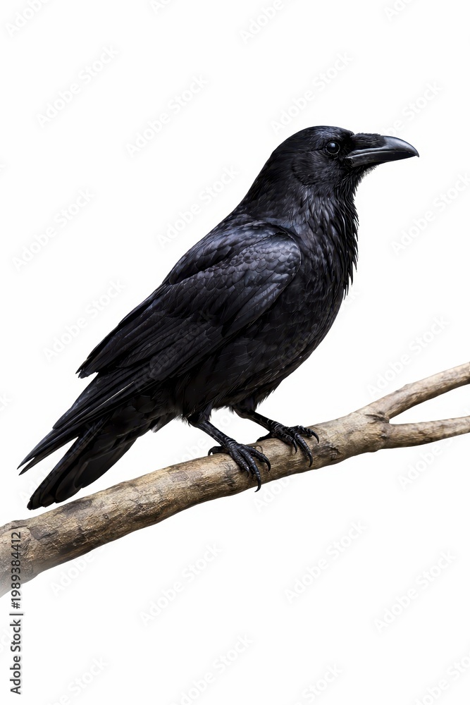 Fototapeta premium majestic black raven perched on a smooth bare branch folded wings rich layered plumage isolated on white background