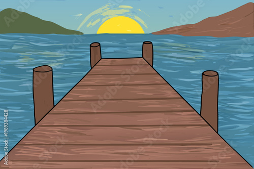 A wooden pier extends into calm waters under a vibrant sunset