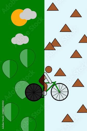 A cyclist rides past a green field and mountains under a bright sun