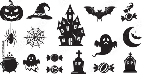 Halloween icons and symbols in black and white