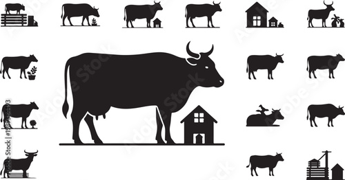 Black cow silhouette with farm icons around it