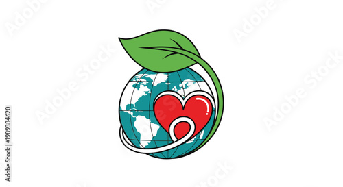 Earth with heart and green leaf.