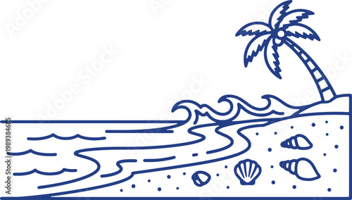 Tropical beach scene with palm tree waves shells and sand conveying vacation relaxation and summer.