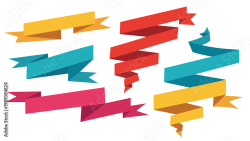 Collection of colorful ribbon banners in various shapes and folds including red, yellow, pink, and teal for design.