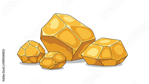 Collection of shiny golden nuggets and raw gold ore pieces are stacked together against a clean white background in flat style.