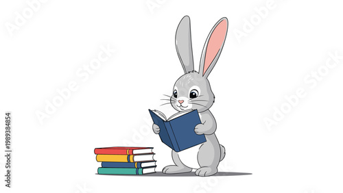 Cute grey rabbit sits attentively while reading a blue book next to a stack of colorful books on a plain white background.