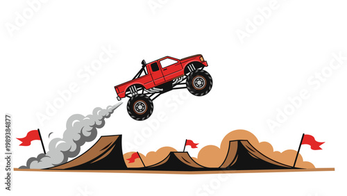 Powerful red monster truck performs an impressive jump over dirt ramps with smoke trails and red flags on a white background.