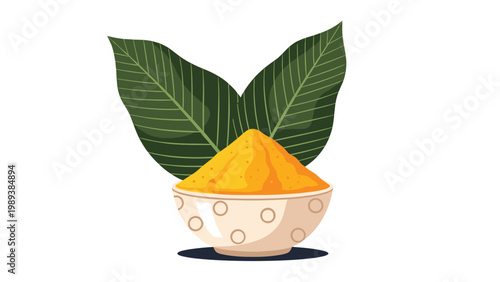 Vibrant turmeric powder is served in a decorative white bowl with large green leaves on a clean minimalist background.