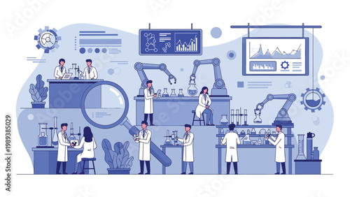 Team of dedicated scientists in white coats works in a high-tech laboratory with advanced robotic arms and research equipment.