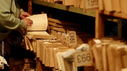 Clerk Searching For Information In Vintage Archive Repository.  
Examining Historical Records From Past Years