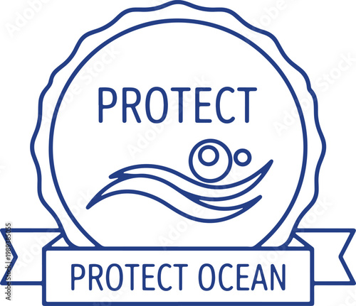 Protect ocean concept badge with waves and bubbles.