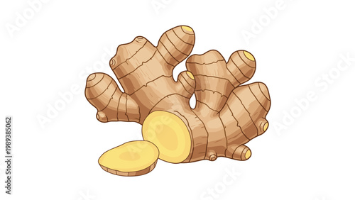Fresh ginger root with a small sliced piece displays its characteristic shape and light brown skin on a white background.