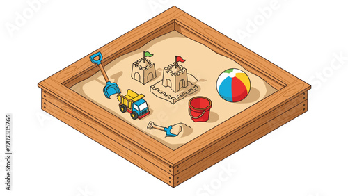 Wooden sandbox for children features two detailed sandcastles, a beach ball, a toy truck, and various colorful sand tools.