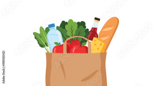 Brown paper grocery bag overflowing with healthy fresh food including vegetables fruit water bread cheese and a glass bottle.