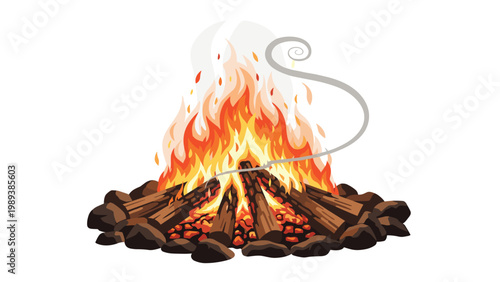 Large roaring campfire with dark wooden logs bright orange and yellow flames and a decorative swirl of gray smoke rising up.