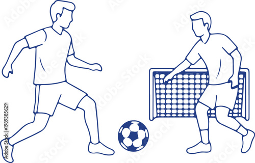 Two men playing soccer game near goal with ball on checkered background line art.