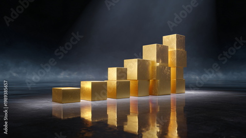 Conceptual photorealistic image showing gold cubes forming steps in a dark, atmospheric setting