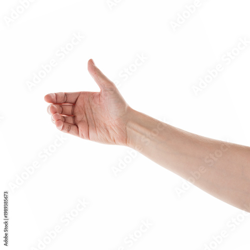 Young adult man left hand to hold a bottle isolated on white