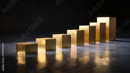 Conceptual photorealistic image showing a minimalist gold bar graph representing growth and success