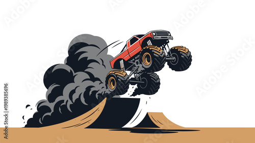 Powerful red monster truck with massive tires performs a high jump off a ramp while kicking up large clouds of dark smoke.
