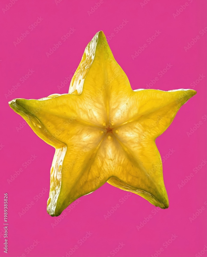 Fototapeta premium Vibrant Yellow Star Fruit Slice Illuminated Against a Bright Pink Background, Exotic Tropical Fruit Healthy Food Concept