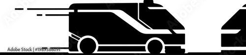 Black and white van, speeding vehicle, road transport, motion icons, vector graphics