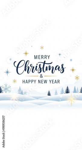 :
Elegant Merry Christmas and Happy New Year typography with winter landscape snowflakes stars vector greeting card