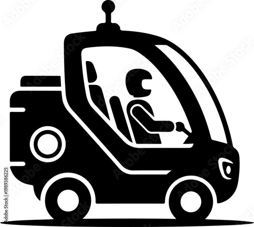 Black, minimalist delivery robot, vehicle icon, silhouette illustration, futuristic courier bot