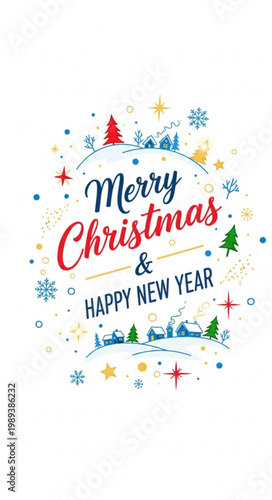 :
Hand drawn Merry Christmas and Happy New Year typography with snowy village snowflakes stars vector illustration