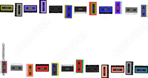 Colorful collection of vintage cassette tapes in various designs and colors