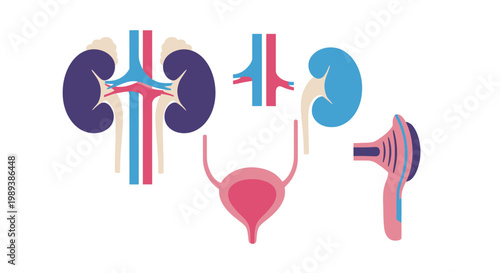 Human urinary system and kidney anatomy illustration.