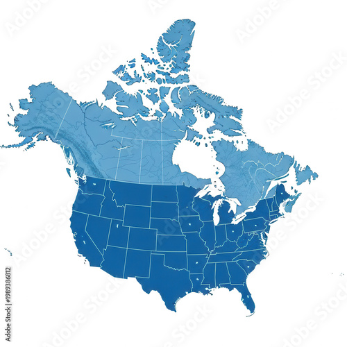 A blue map of canada and the united states isolated on transparent background