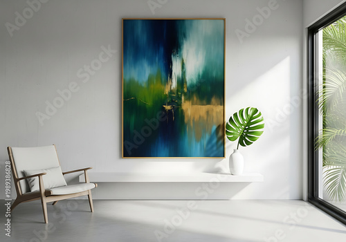 Abstract art in bright interior with chair and monstera plant near window