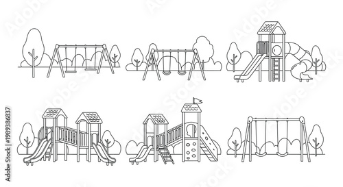Sketch of a playground with playhouses slides a swing and stepping stones