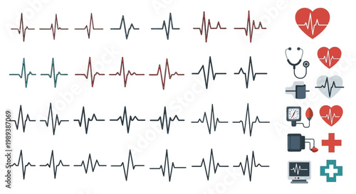 Electrocardiogram heart rhythm lines and medical icons for health monitoring.