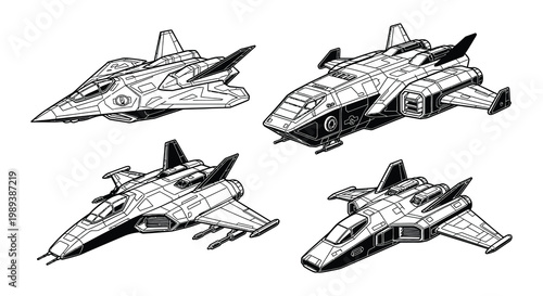 Detailed line art depicting four futuristic spacecraft designs