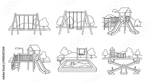 Sketch of a playground with playhouses slides a swing and stepping stones