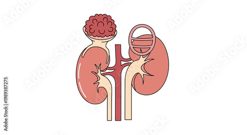 Human Kidney Anatomy Illustration with Adrenal Gland and Magnified Nephron.