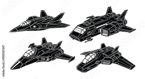 Detailed line art depicting four futuristic spacecraft designs