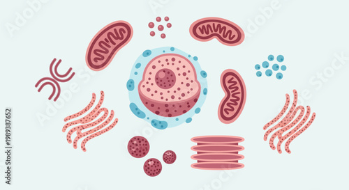 Detailed illustration of various human cell organelles and their structures.