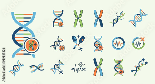Genetic research and DNA structure icons set.