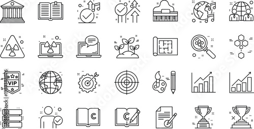 "Set of Education, Business, and Legal Icons with Knowledge, Growth, and Analytical Symbols"