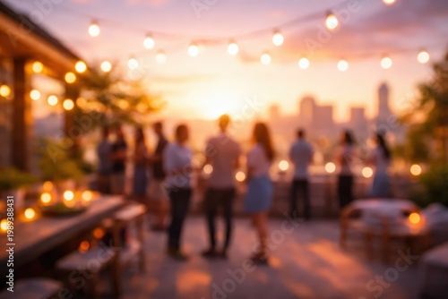 blurred abstract background rooftop party evening sunset city skyline people social gathering bokeh lights warm glow festive summer celebration event